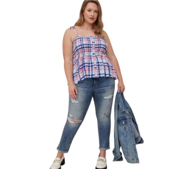 Torrid Peplum Smocked Bodice Crinkle Gauze Cami Plaid White 4X NWT - Picture 3 of 12